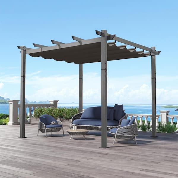 PURPLE LEAF 10 ft. x 10 ft. Grey Aluminum Outdoor Retractable Pergola with Sun Shade Canopy for Garden Porch Beach Pavilion