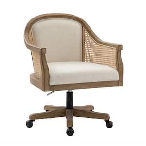 Cyril Ivory Adjustable Height Task Chair with Rattan Arms and 360-Degree Spin Rolling Caster Wheels