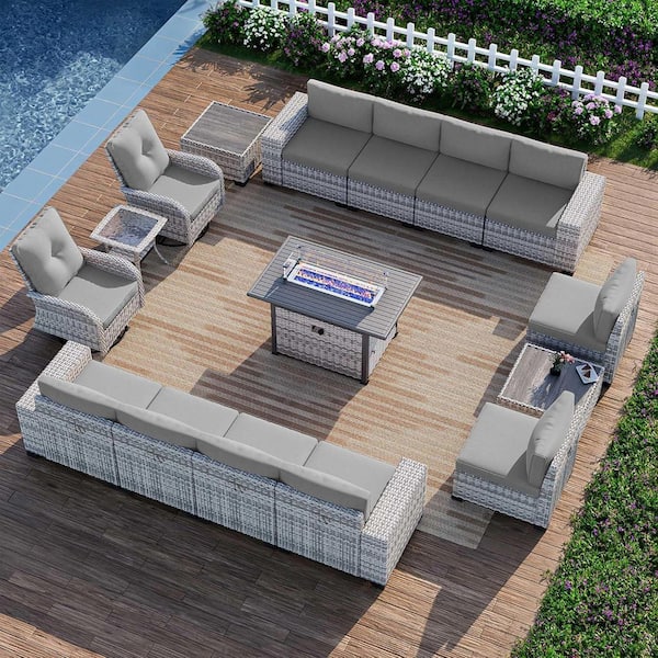 muphyers 16-Piece Wicker Patio Conversation Set with Fire Pit Table and Top Table. Swivel Rocking Chairs with Gray Cushions