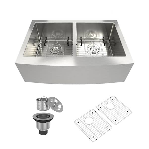 33 in. Farmhouse Apron Front Curved Double Bowl Brushed Stainless Steel Kitchen Sink with Drain Assembly