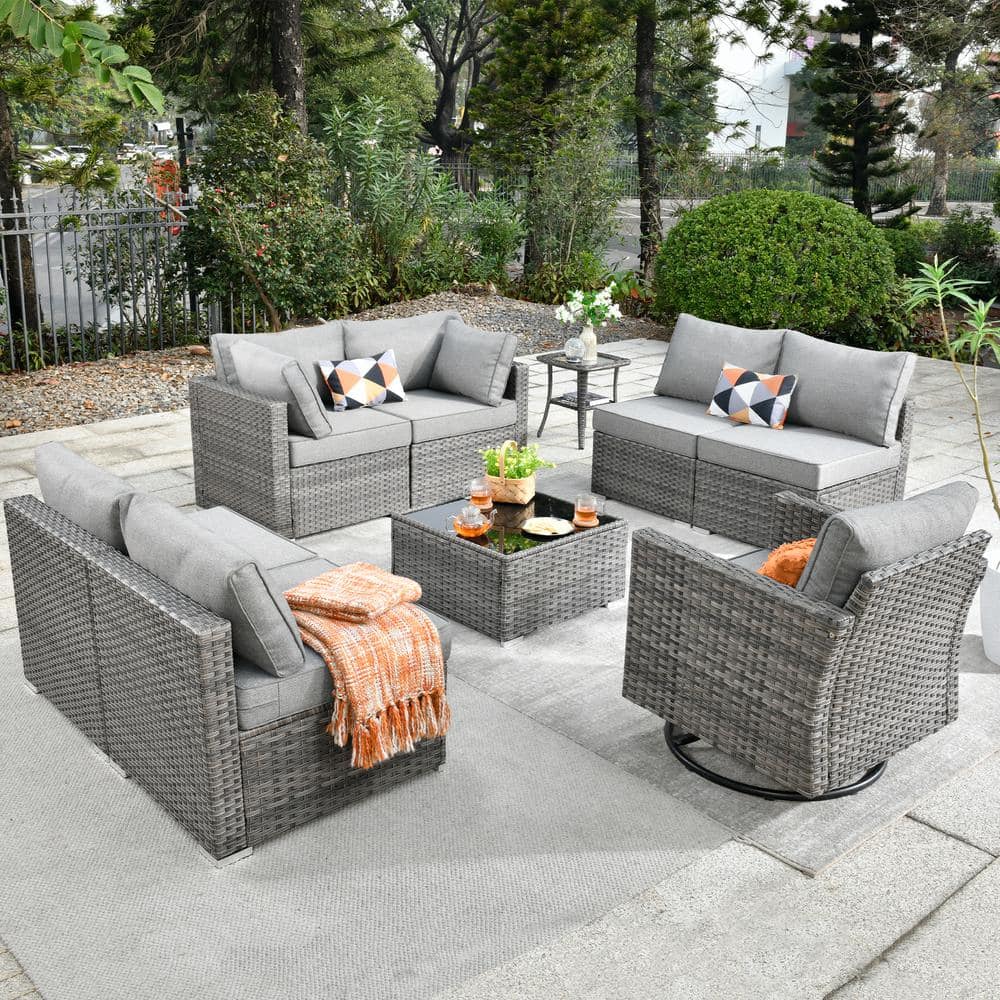 HOOOWOOO Messi Gray 9-Piece Wicker Outdoor Patio Conversation Sectional ...