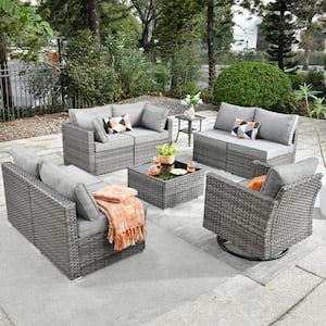Messi Gray 9-Piece Wicker Outdoor Patio Conversation Sectional Sofa Set with a Swivel Chair and Dark Gray Cushions