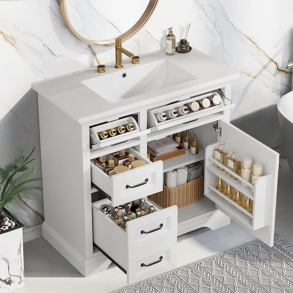 36 in. W Single Sink Freestanding White Bath Vanity with White Ceramic Top and 4 Drawers, Unassembled