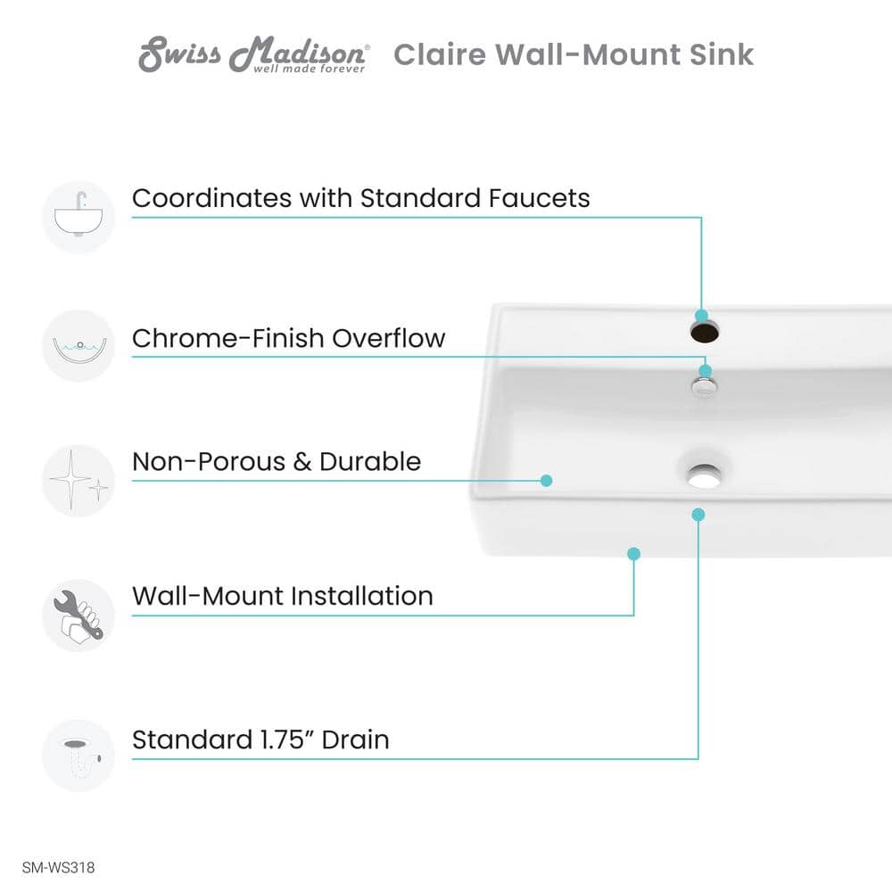 Claire 22" White Ceramic Wall-Mount Bathroom Sink