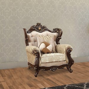 Beige And Brown Fabric Arm chair with Floral Arched Backrest