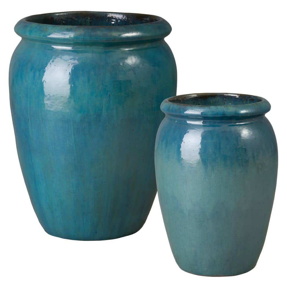 21 in., 26.5 in. H Teal Ceramic Round Planters High-fire treatment with Drainage Hole (Set of 2) price history on PriceWatchPro