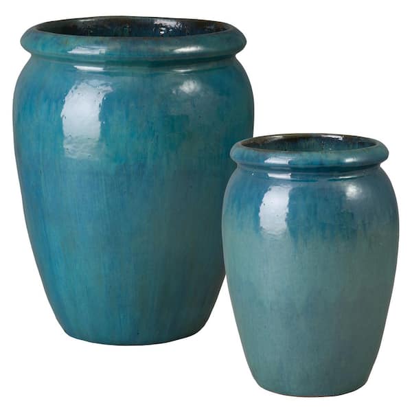21 in., and 26.5 in. H Green Ceramic Round Planters with Drainage Hole (Set of 2)