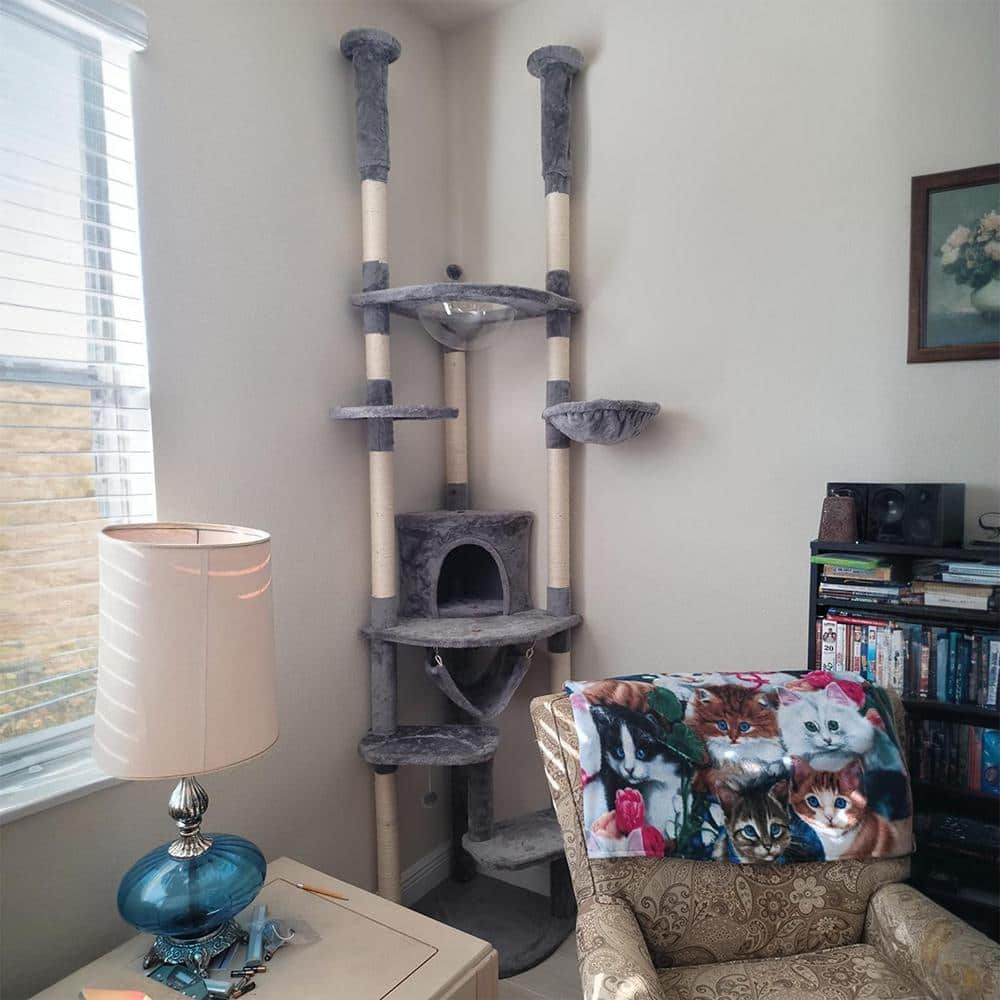 Gray Height Adjustable Floor to Ceiling Cat Tree with Sisal Posts