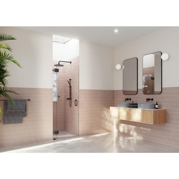 Halo 32.75 in. W x 78 in. H Glass Hinged Frameless Shower Door in Matte Black with Clear Glass