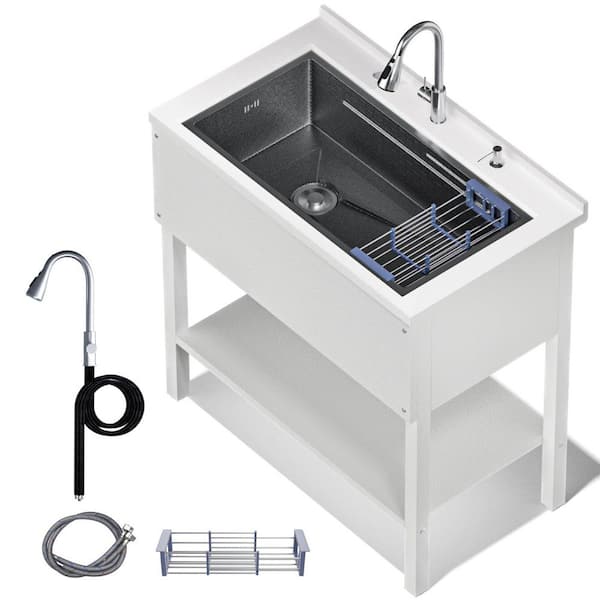 36" White Stainless Steel Double Bowl Utility Sink, Laundry Sink with Pull-Out Faucet, Soap Dispenser & Drain Kit