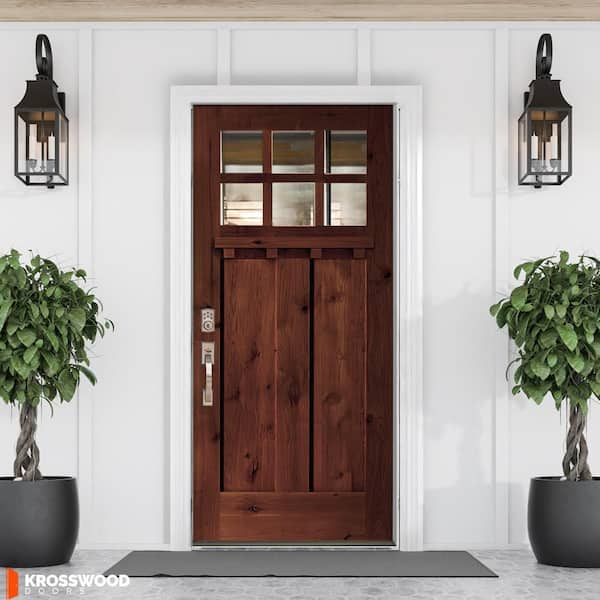32 in. x 80 in. Knotty Alder Right-Hand/Inswing 6 Lite Beveled Clear Glass Red Mahogany Stain Wood Prehung Front Door DS