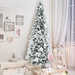8 ft. White Unlit Snow Flocked Artificial Christmas Pencil Tree with Berries and Poinsettia Flowers