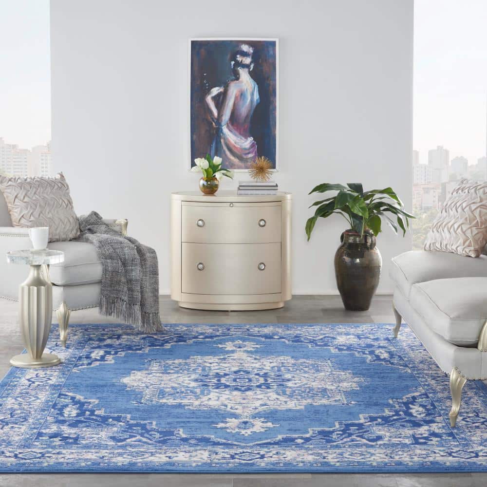 Navy Blue Floral Medallion 8' x 10' Synthetic Area Rug