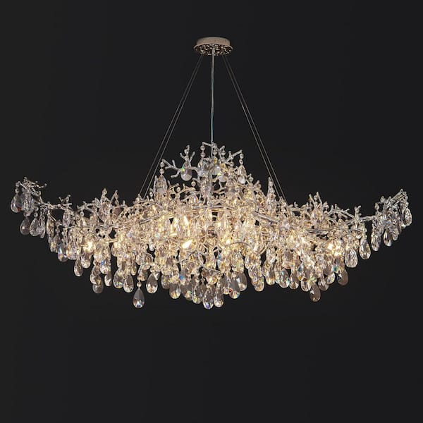 59 in. 18-Lights Silver Luxury Crystal Linear Chandelier Modern Branch Chandelier for Dinning Room, Kitchen, Living Room