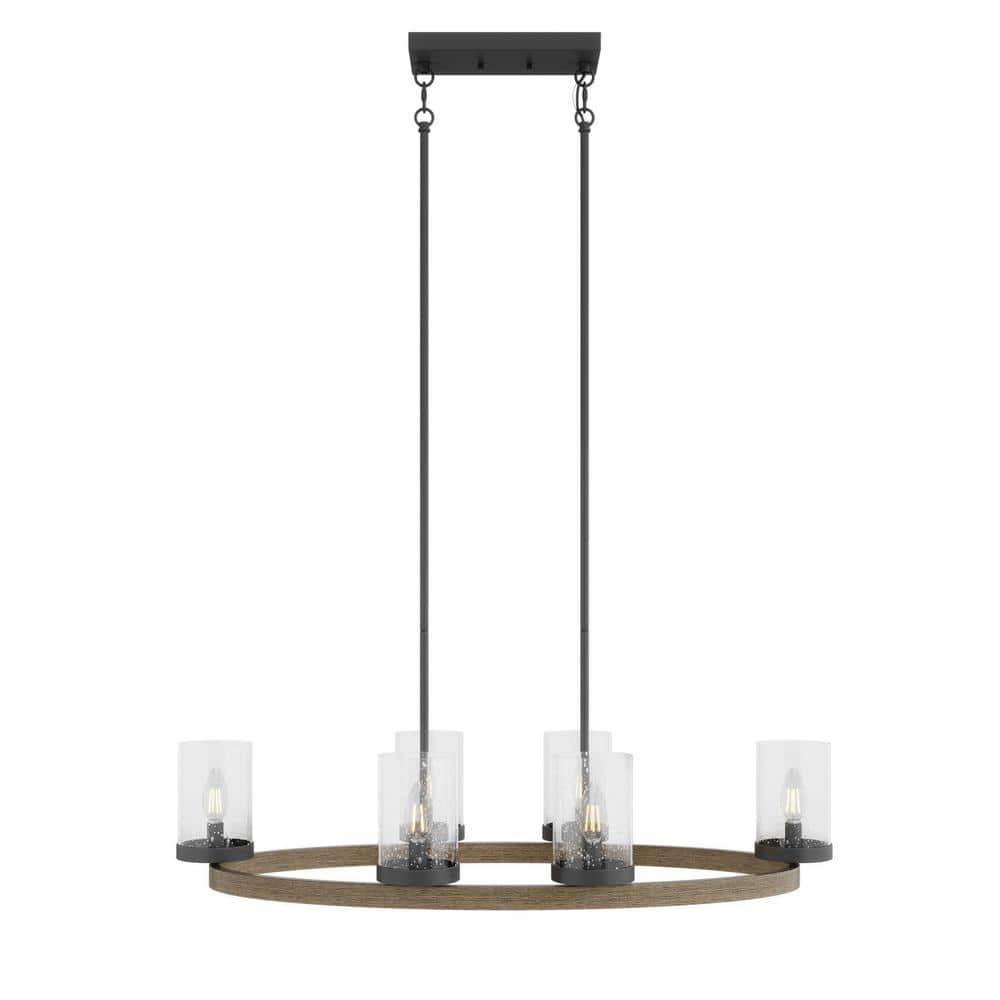 35.82 in. 6-Light Farmhouse Black Wood Grain Chandelier Oval Vintage Hangin