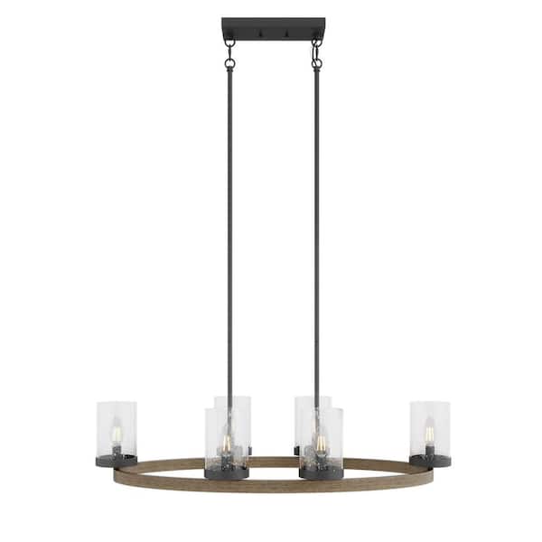 aiwen 35.82 in. 6-Light Farmhouse Black Wood Grain Chandelier Oval Vintage Hanging Light with Seeded Glass Shades