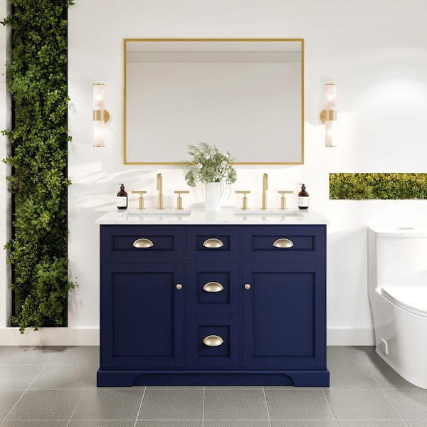 Custom Navy Blue bathroom Vanity with Brass Hardware