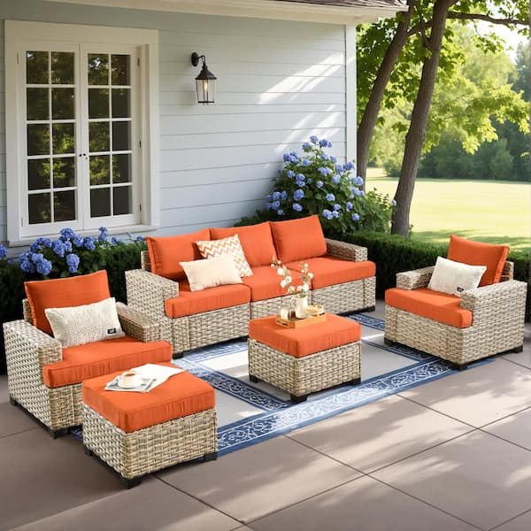 HOOOWOOO Merritt 7-Piece Wicker Modern Outdoor Patio Conversation Sofa Seating Furniture Set with Orange Red Cushions