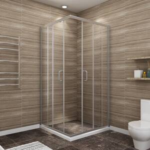 36 in. W x 72 in. H Square Sliding Framed Corner Shower Enclosure in Brushed Nickel Finish with Clear Glass