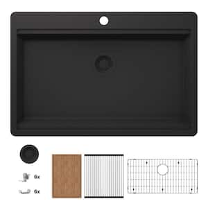 Stonehaven 33 in. Drop-In Single Bowl Black Onyx Granite Composite Workstation Kitchen Sink with Black Strainer