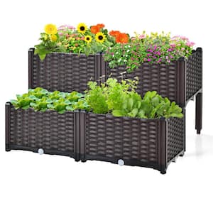 Brown Outdoor Plastic Planter Vertical Elevated Raised Garden Bed Planter Box Kit for Backyard Patio (4 Set)