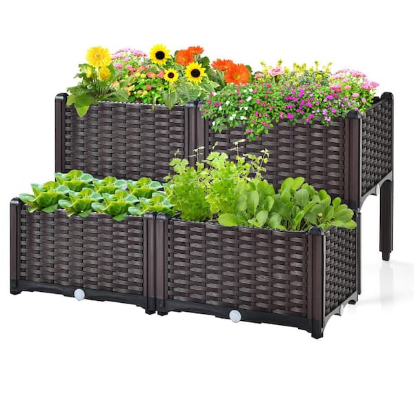 HONEY JOY Brown Outdoor Plastic Planter Vertical Elevated Raised Garden Bed Planter Box Kit for Backyard Patio (4 Set)