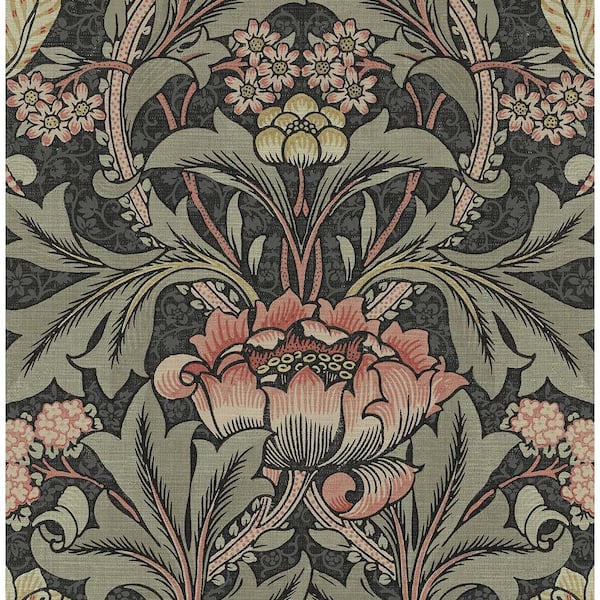 Seabrook Designs Charcoal and Rosewood Acanthus Floral Prepasted Wallpaper Roll 56 sq. ft.