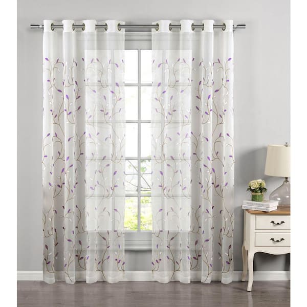 Wavy LeavesBrown Purple White 54 in. W x 63 in. L Embroidered Grommet Sheer Curtain (Single Panel)