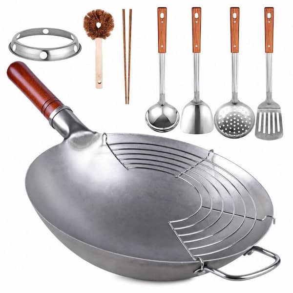 Large 13.4 in. Silver Carbon Steel Gas Wok, Traditional Hand Hammered, Chinese Woks Round Bottom Wok Pan Set