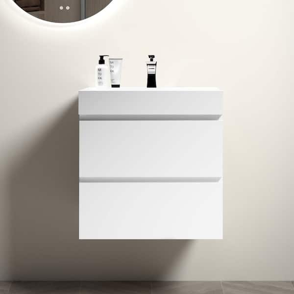 NOBLE 24 in. W x 18 in. D x 25 in. H Single Sink Floating Bath Vanity in White with White Solid Surface Integral Top