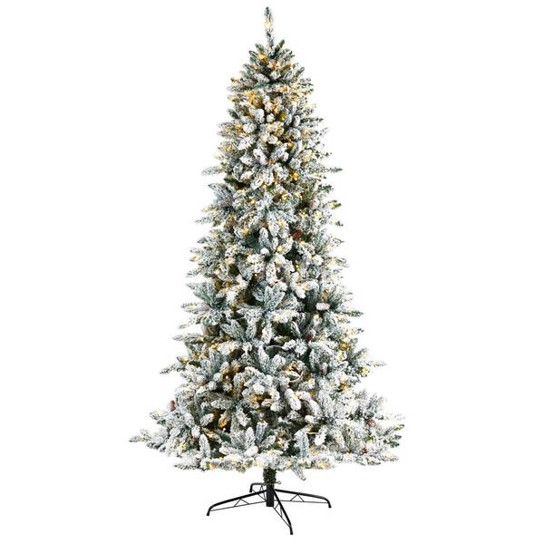 Nearly Natural 8 Ft. Pre-Lit Flocked Livingston Fir Artificial Christmas Tree With Pine Cones And 500 Clear Warm Led Lights T3048