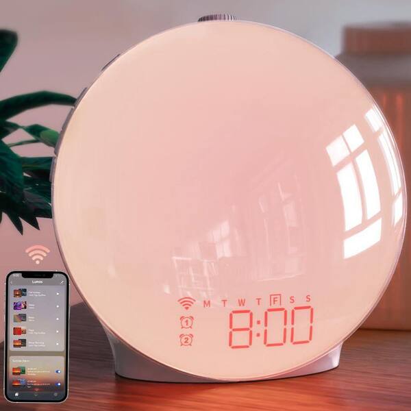 White Smart Alarm Clock w/ Sunrise Simulation, FM Radio, Sunset