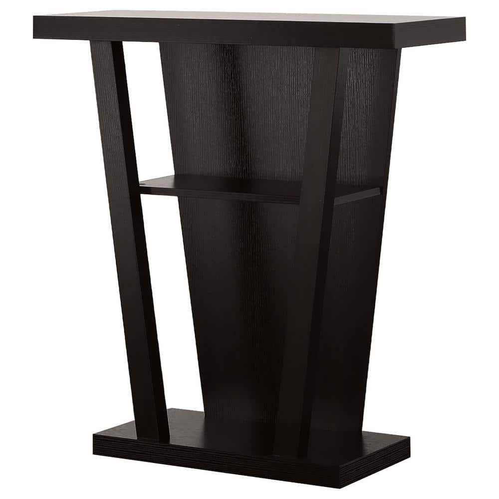 Transitional Cappuccino Console Table with Slanted Silhouette and Storage
