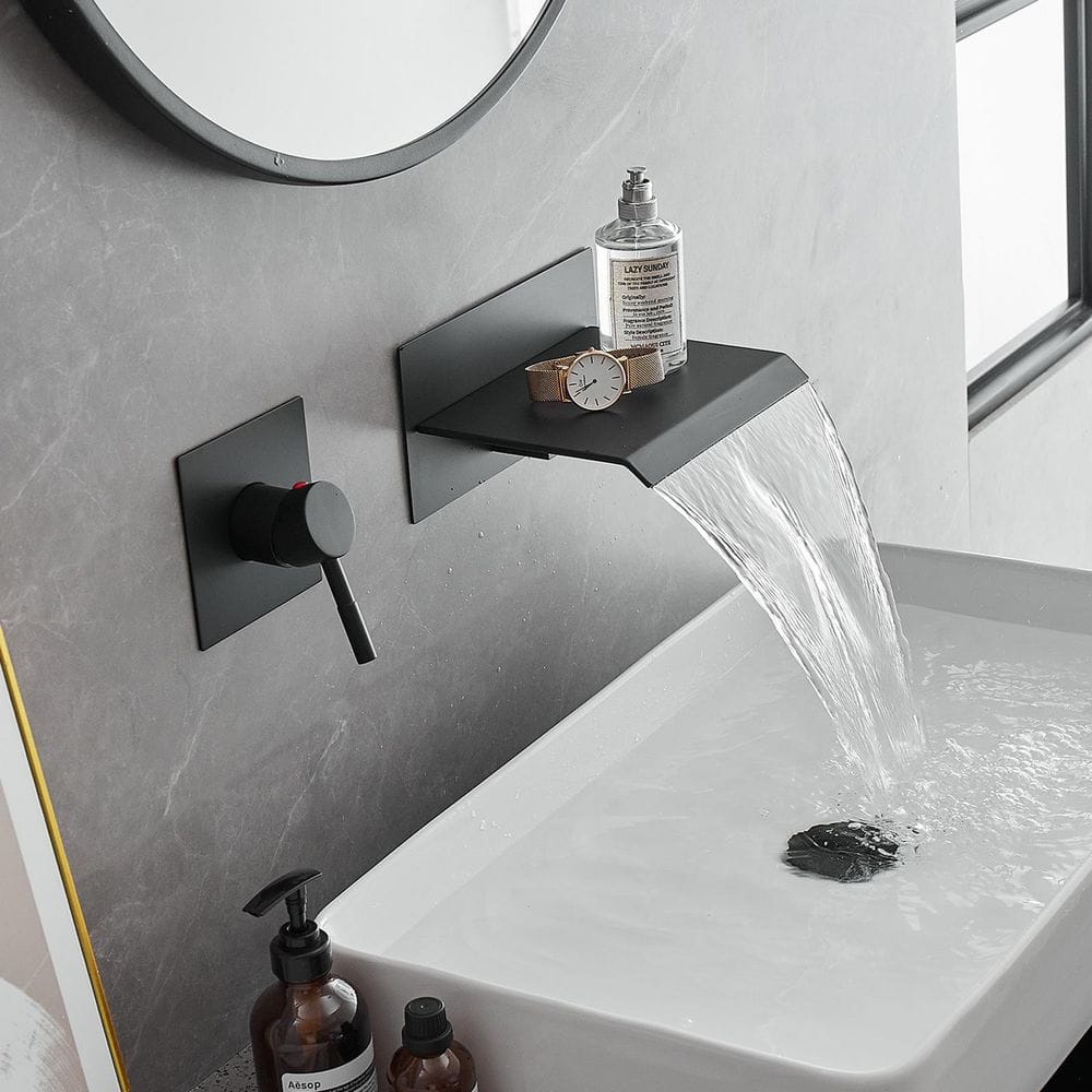 Matte Black Wall-Mount Waterfall Bathroom Faucet with Lever Handle