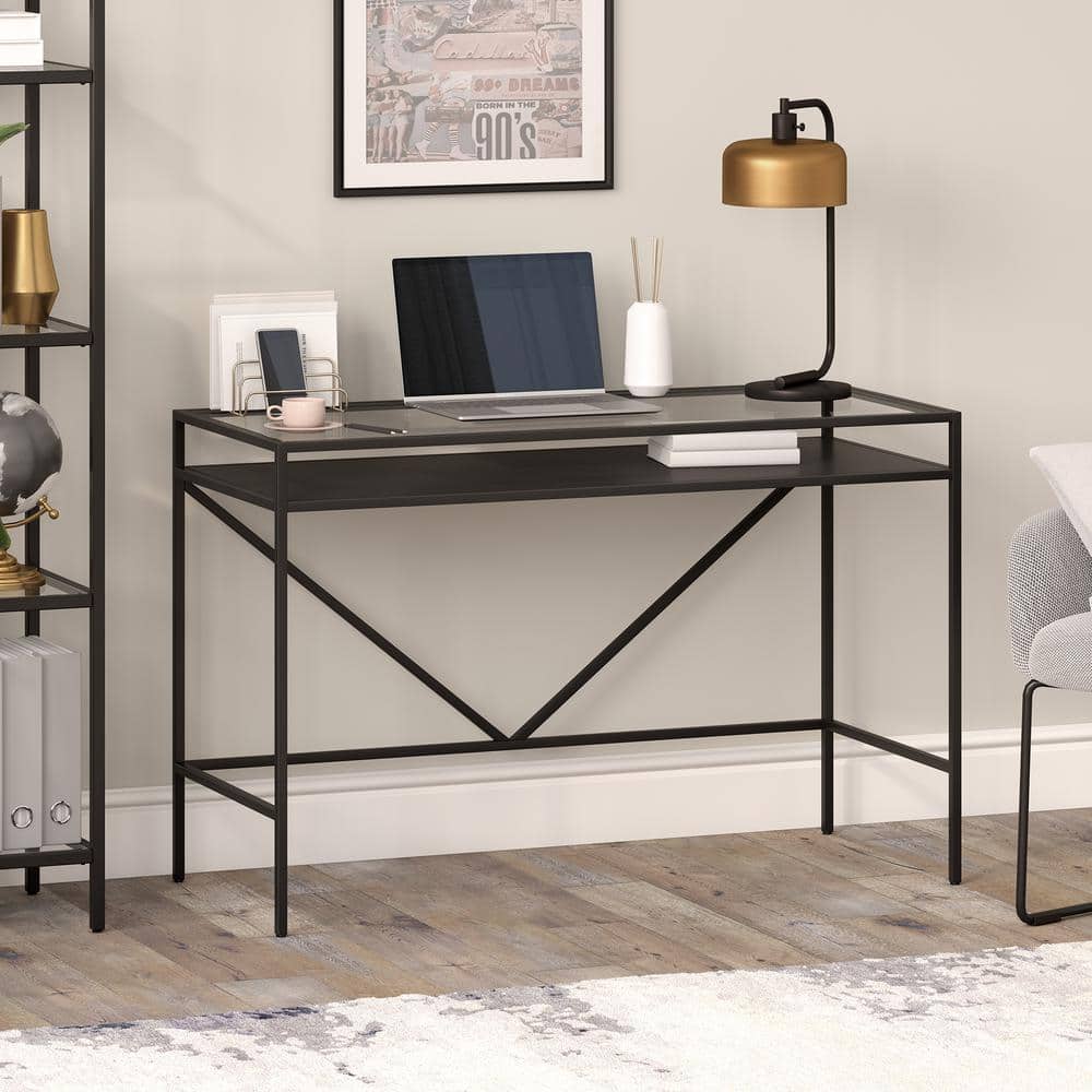 Sleek Blackened Bronze Desk with Tempered Glass Top and Metal Shelf