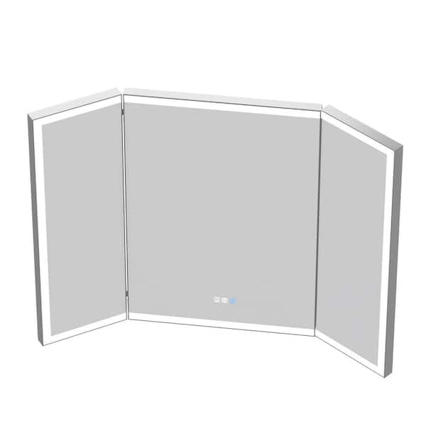 ES-DIY 60 in. W x 36 in. H Rectangular Framed Tri-Fold Wall LED Bathroom Vanity Mirror with Front Light and Backlit in Nickel