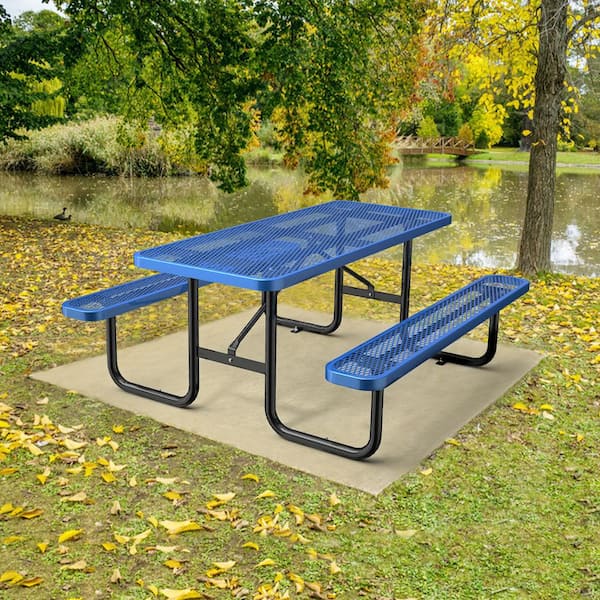 Unbranded 72 in. Expanded Steel Rectangular Outdoor Picnic Table for 4-6 People, for Garden Courtyard, Blue