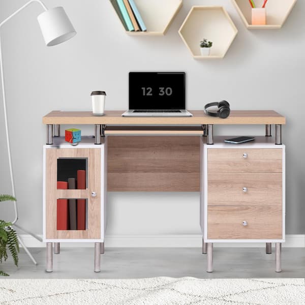 HOMESTOCK 47.2 in. Contemporary White/Natural Wood 3-Drawer Desk with Keyboard Tray and USB Charging Station