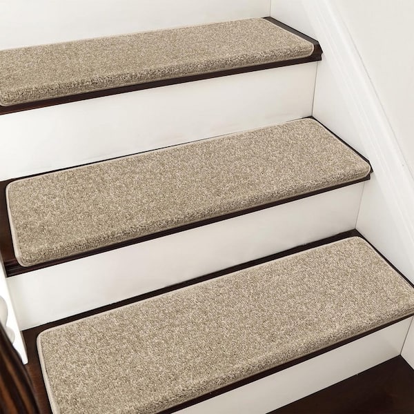 PURE ERA Cream Gray 9.5 in. x 30 in. x 1.2 in. Bullnose Indoor Non-slip Carpet Stair Tread Cover Tape Free Non Slip (Set of 7)