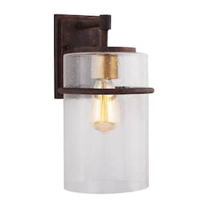 Brandel 1-Light Rust Outdoor Wall Light Sconce with Gold Accent and Clear Seedy Glass Shade