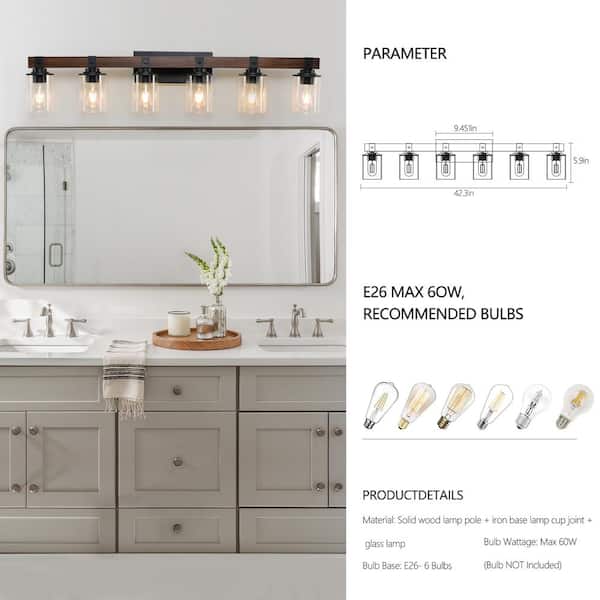 HKMGT Farmhouse 42.3 in. 6 Light Walnut and Black Bathroom Vanity 1 Light with Glass Shade SZD03L06WB