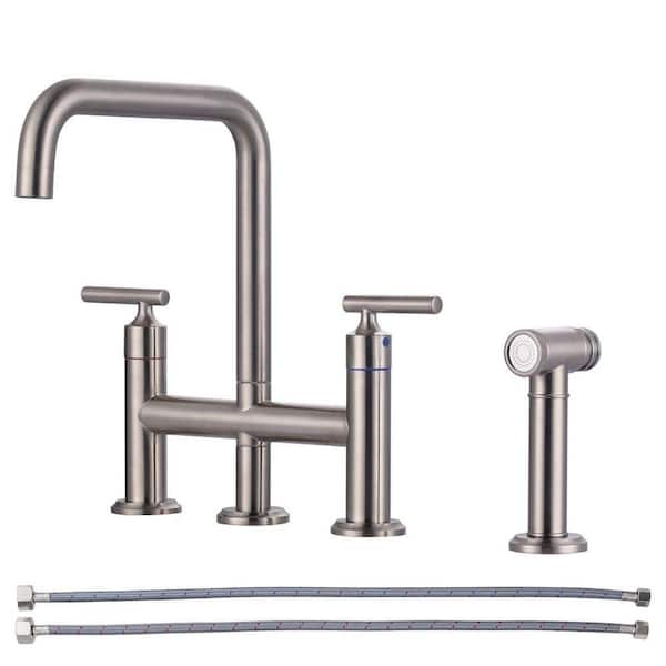 Double Handle 4-Hole High Arc Widespread Brass Bridge Kitchen Faucet with Pull Out Side Spray in Brushed Nickel