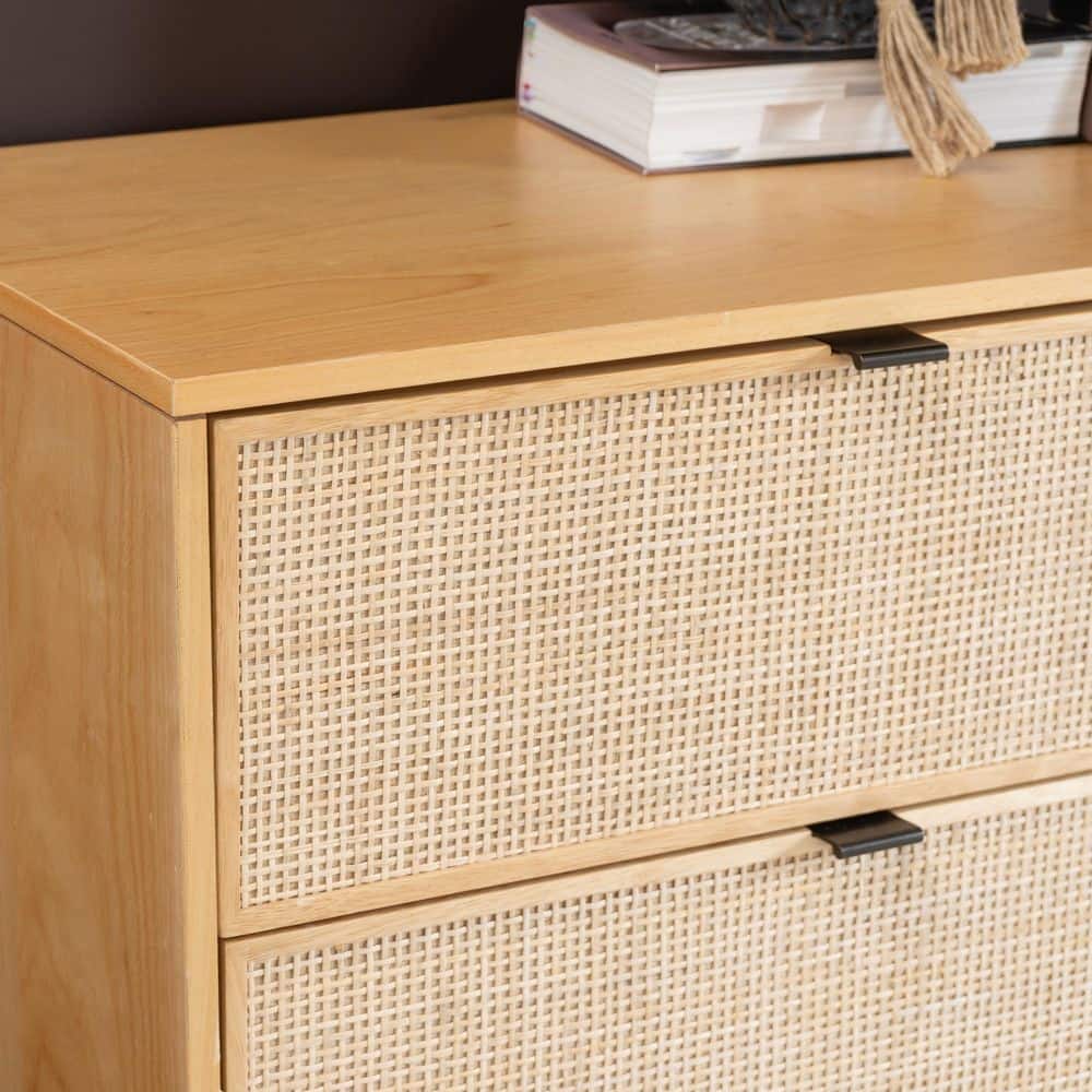 Mid-Century Natural Wood and Rattan 6-Drawer Dresser