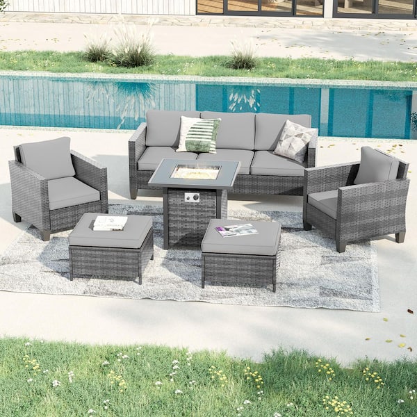 JOYESERY 6-Pieces Patio Conversation Set with Square Fire Pit Table, Gray Wicker Wide Armrests Sofa with Gray Cushion