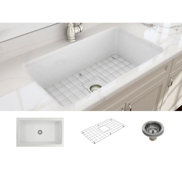 Sotto Undermount Fireclay 32 in. Single Bowl Kitchen Sink with Bottom Grid and Strainer in White