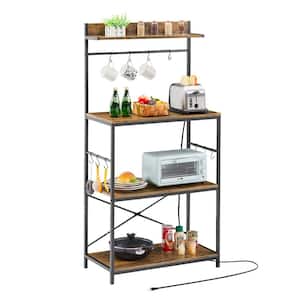 Kitchen Storage Shelf Brown 4-Shelf Metal Frame 15.74 in. W W Baker's Rack With Power Outlets & Mug Cup Hooks