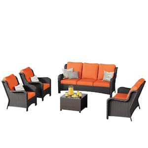 Janus Brown 5-Piece Wicker Patio Conversation Seating Set with Orange Red Cushions and Coffee Table