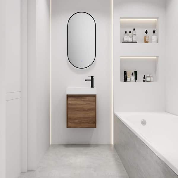 Zeus & Ruta 16.1 in. W x 8.9 in. D x 22.8 in. H Single Sink Bathroom Vanity in Dark Brown with White Ceramic Top For Small Bathroom