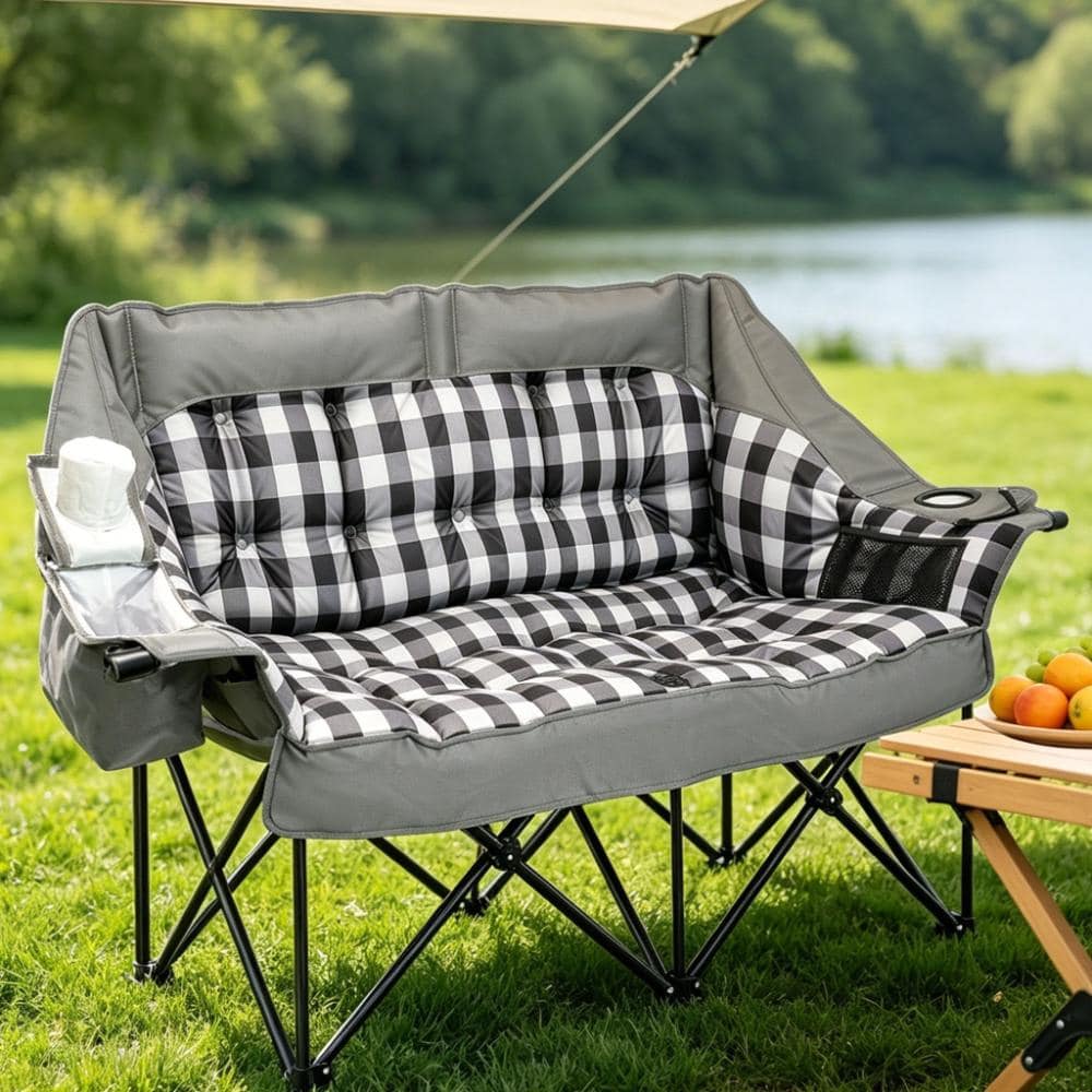 SEEUTEK Double Camping Chair 800 lbs, 59 in Oversized Loveseat Folding Chair with Cooler Bag, Padded Seat for Outdoor