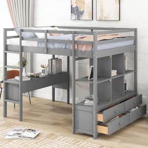 Gray Full Size Loft Bed with Storage Shelves, Built-in Desk and 6 Drawers